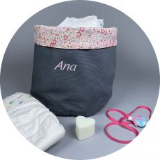 panier-tissu-bebe-gris-fleuri-rose